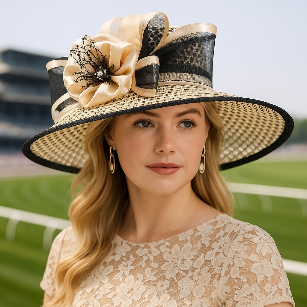 Elegant Wide Brim Womens Hat Kentucky Derby Bow Floral Fun Horse Racing